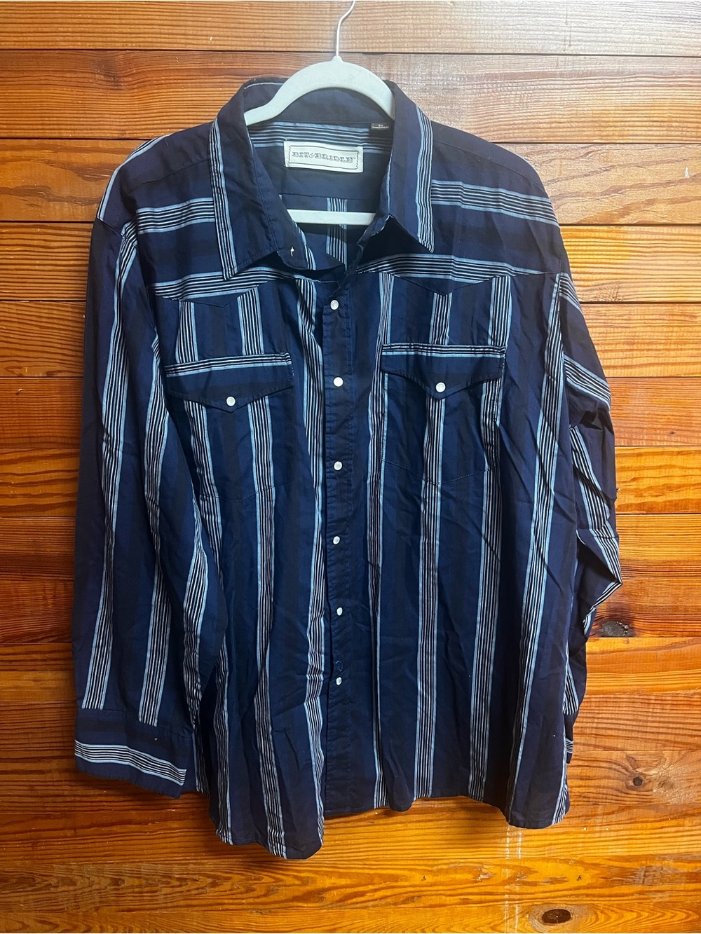 Bit & Bridle Mens 3X Western Shirt Navy Blue Striped Pearl Snap Long Sleeve